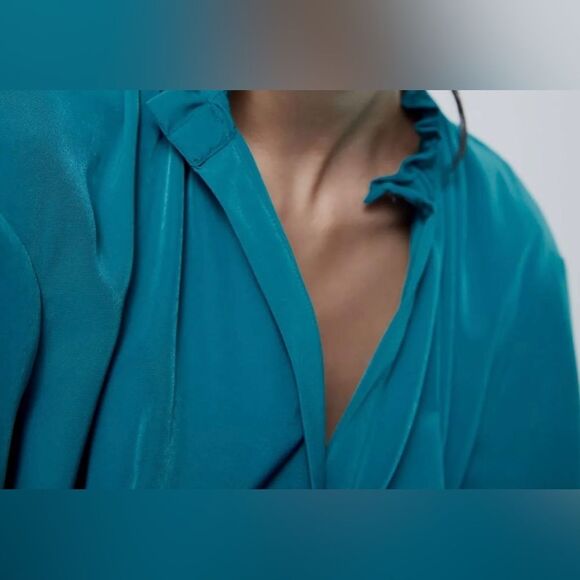 Zara 3/4 sleeve ruffled hem duck blue mini dress - Picture 4 of 10